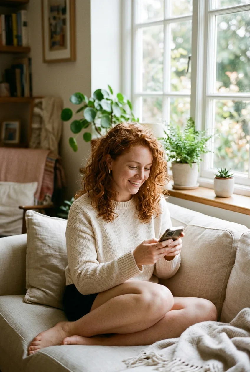 Une femme rousse aux cheveux frisés sourit en regardant son téléphone, assise dans son canapé